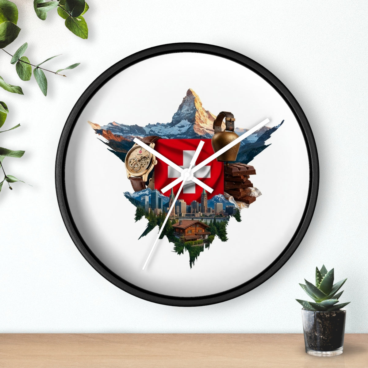Swiss Heritage Wall Clock – Alpine Crest Design with Swiss Flag, Mountain & Chalet Elements
