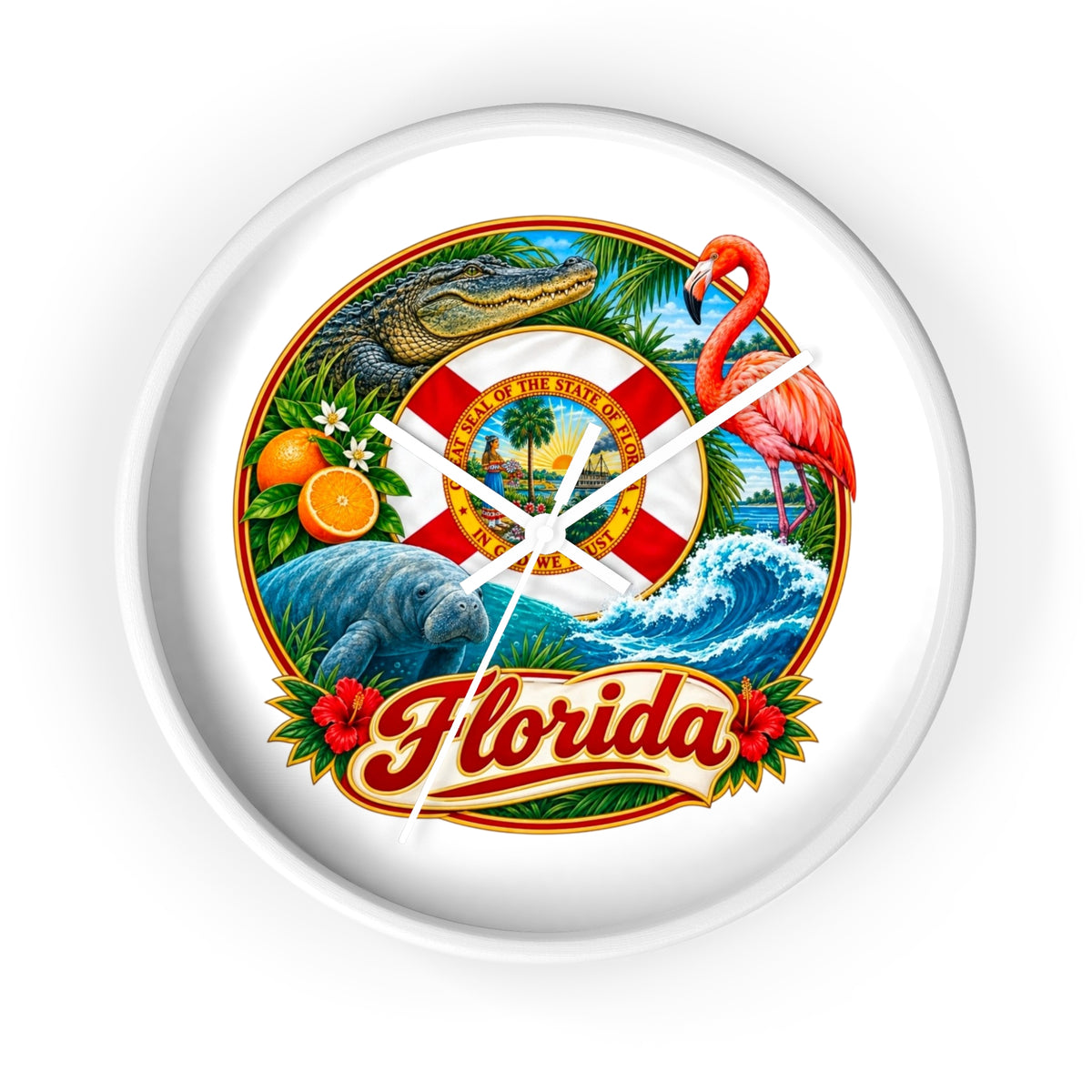 Florida Vintage Travel Wall Clock — Flamingo, Alligator & Citrus Scenic Decor