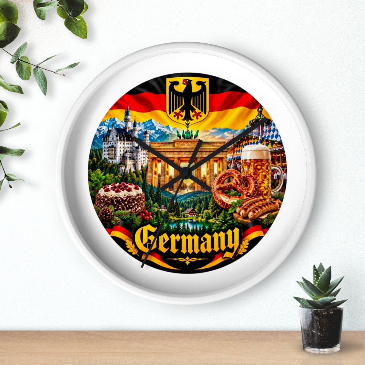 Germany Wall Clock — Travel Landmark Decor with Flag, Bavarian Pretzels & Beer