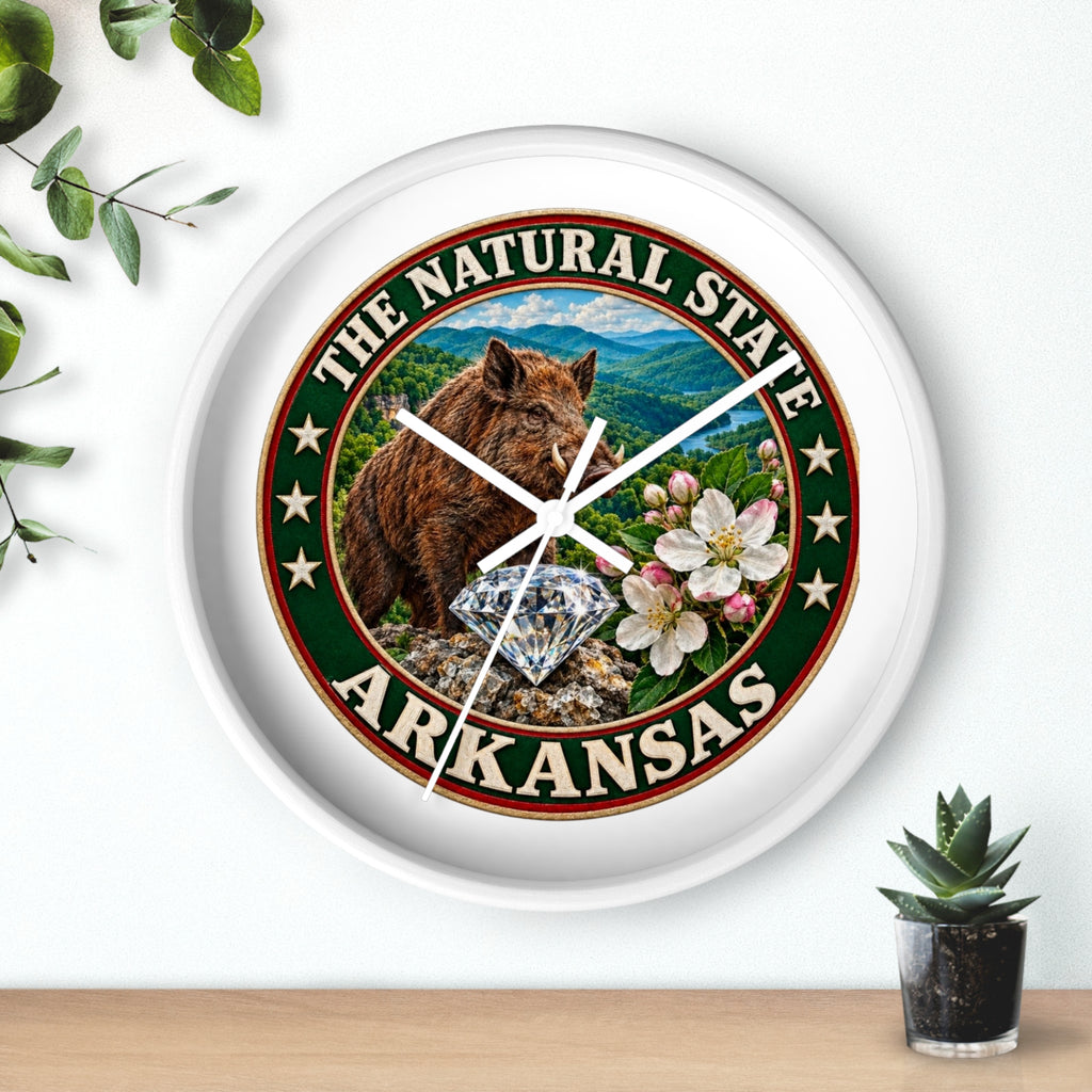 Arkansas State Seal Decorative Wall Clock — 'The Natural State' Bear, Diamond & Apple Blossom Design
