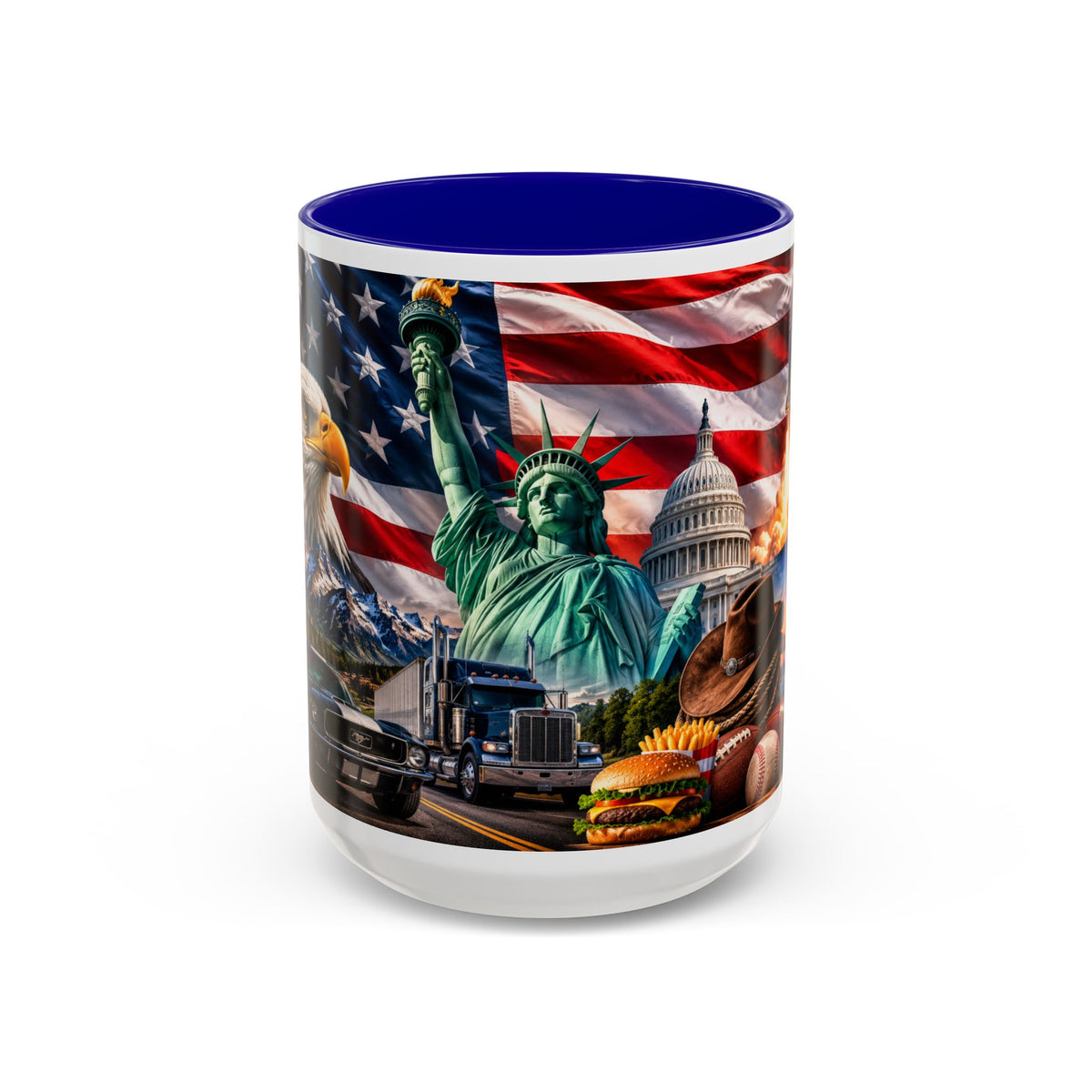 Patriotic USA Collage Mug — Statue of Liberty, Capitol & American Flag (Two-Tone)
