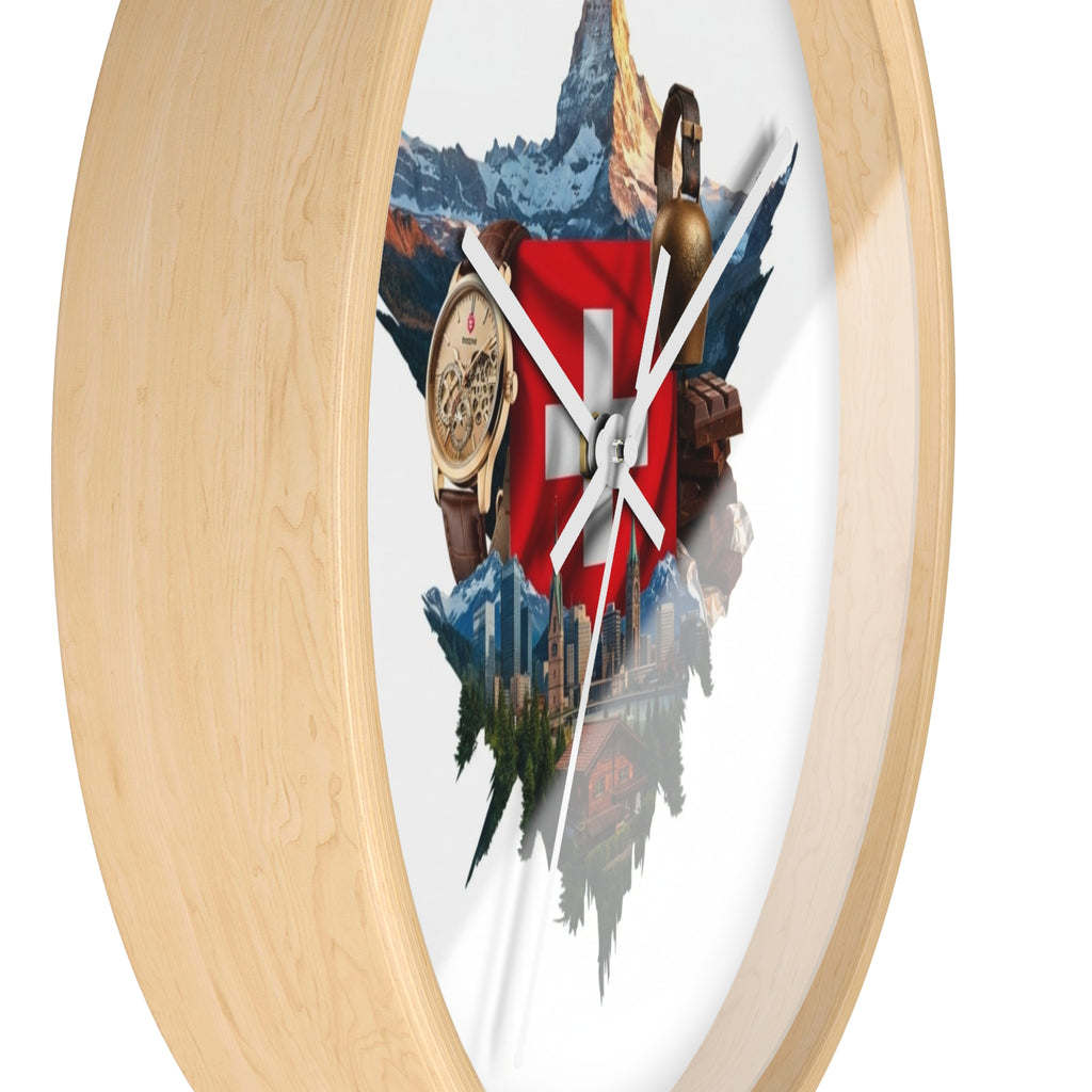 Swiss Heritage Wall Clock – Alpine Crest Design with Swiss Flag, Mountain & Chalet Elements