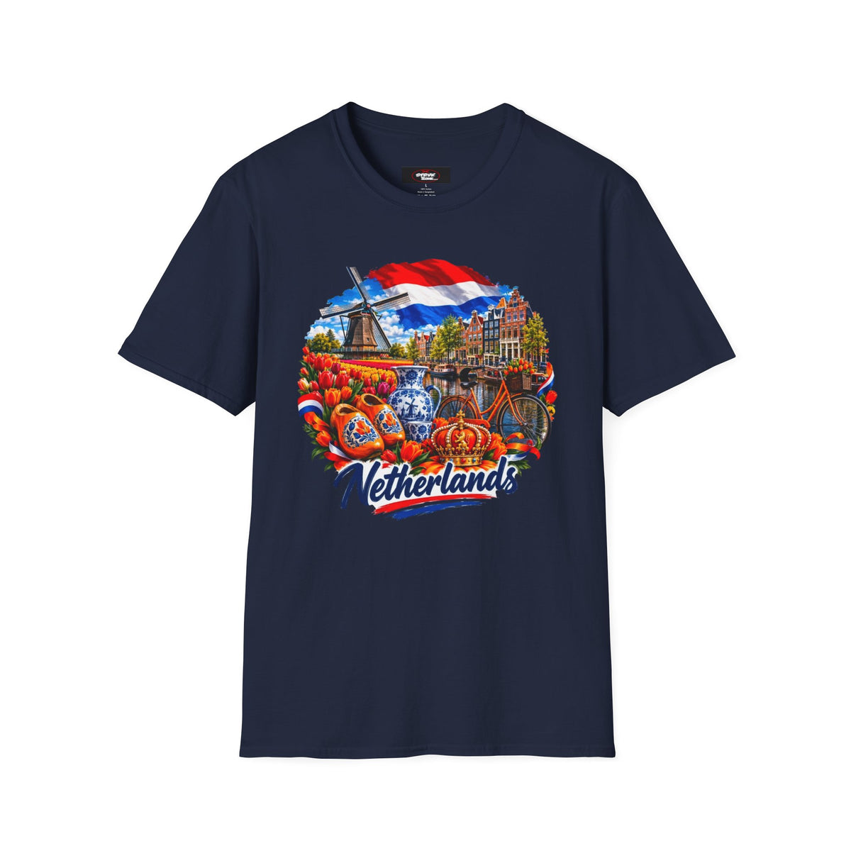 Netherlands Souvenir T-Shirt — Dutch Windmill, Tulips & Flag Design
