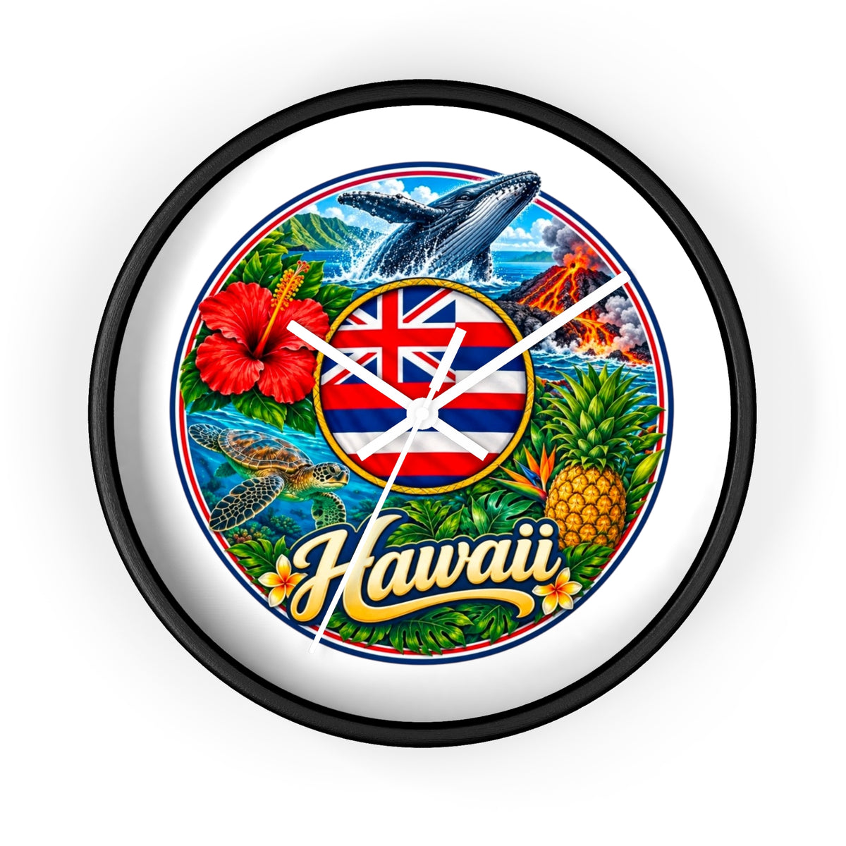 Hawaii Tropical Souvenir Wall Clock — Hawaiian Flag, Hibiscus, Pineapple & Whale Design