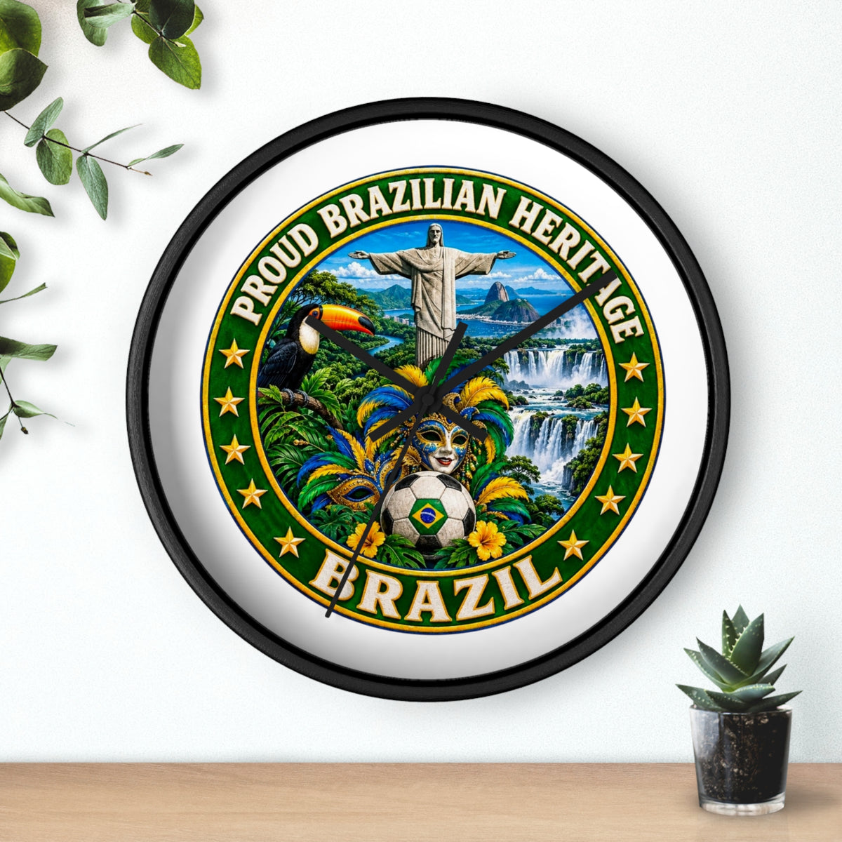 Brazil Wall Clock — Proud Brazilian Heritage Decorative Clock (Carnival, Cristo Redentor, Iguazu Falls)