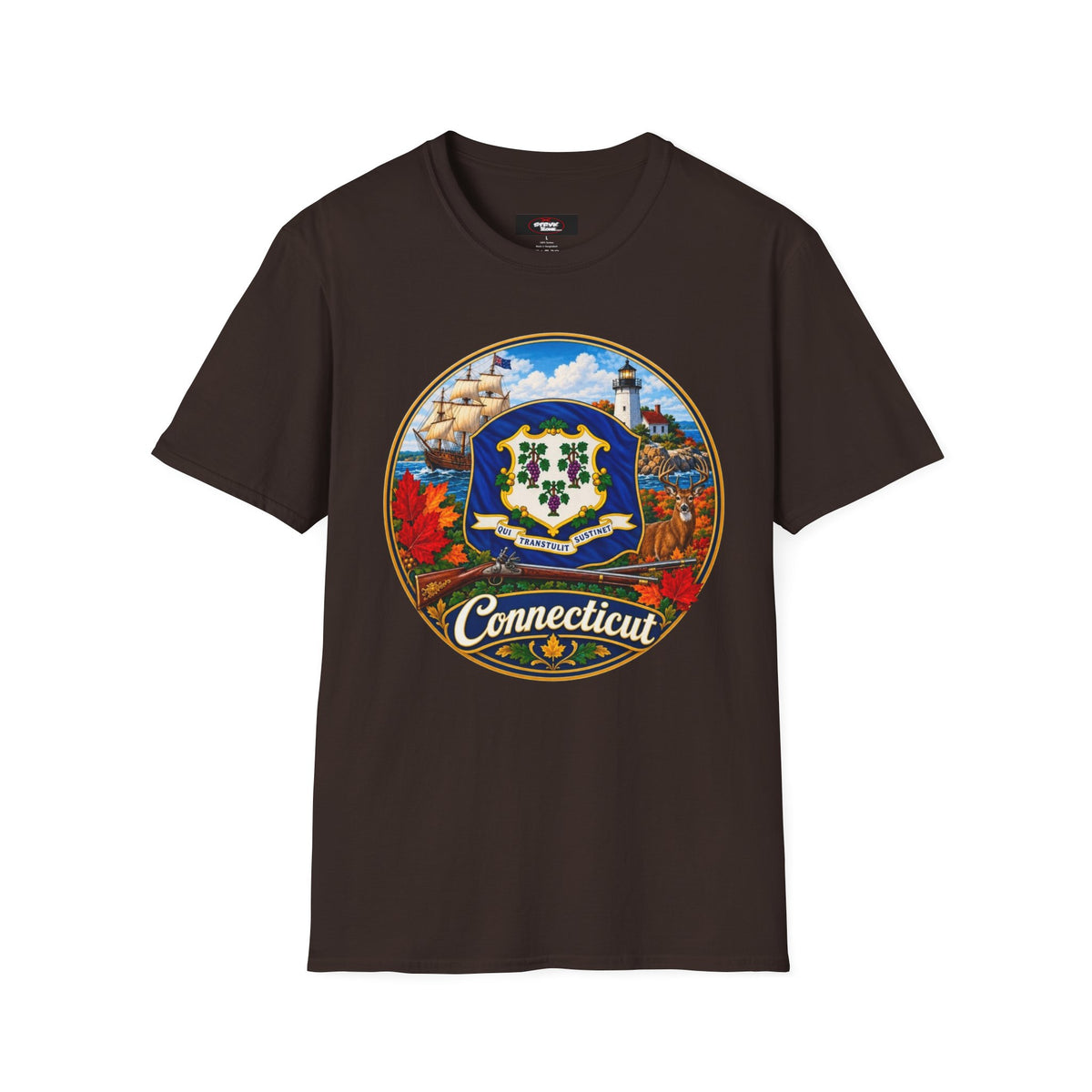 Connecticut Retro State Seal T-Shirt — Vintage Lighthouse & Ship Design