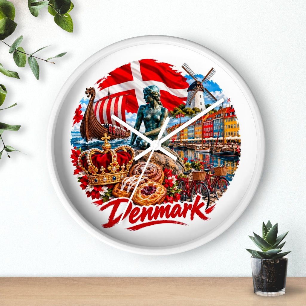 Denmark Wall Clock — Copenhagen Icons: Little Mermaid, Nyhavn, Viking Longship & Danish Pastries