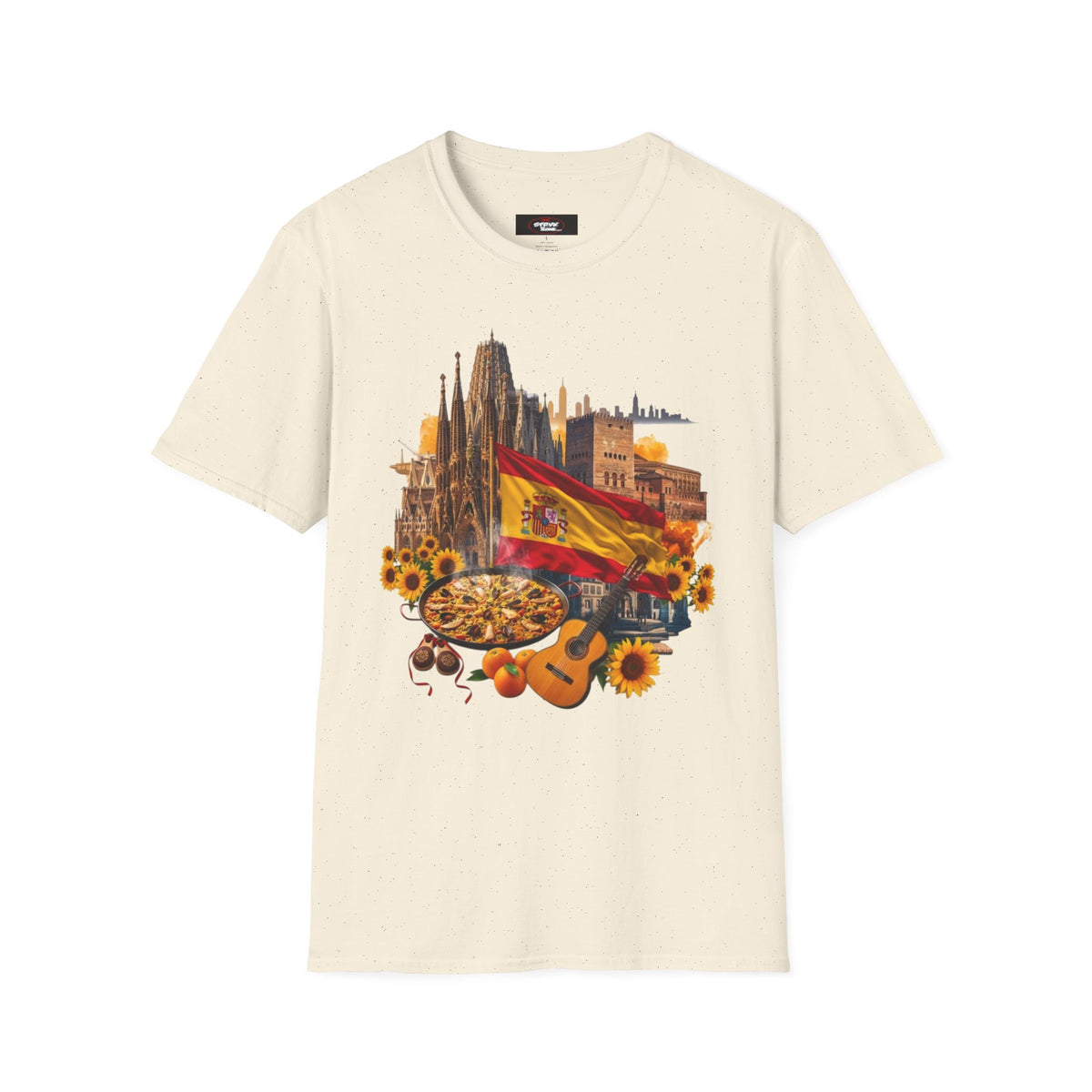 Spain Travel Collage T-Shirt — Paella, Guitar & Spanish Flag Graphic Tee