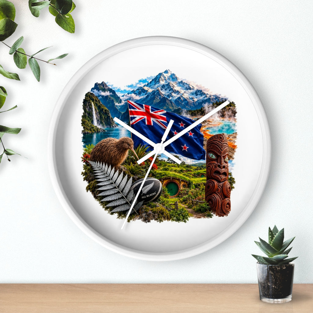 New Zealand Heritage Wall Clock — Kiwi, Silver Fern & Māori Tiki Design