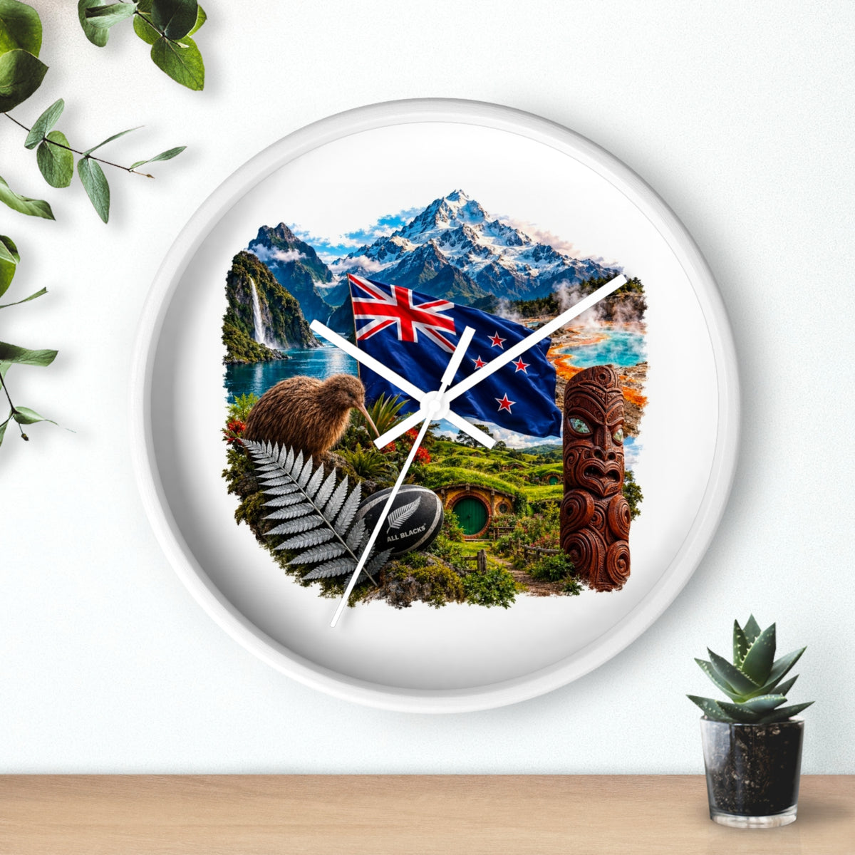 New Zealand Heritage Wall Clock — Kiwi, Silver Fern & Māori Tiki Design