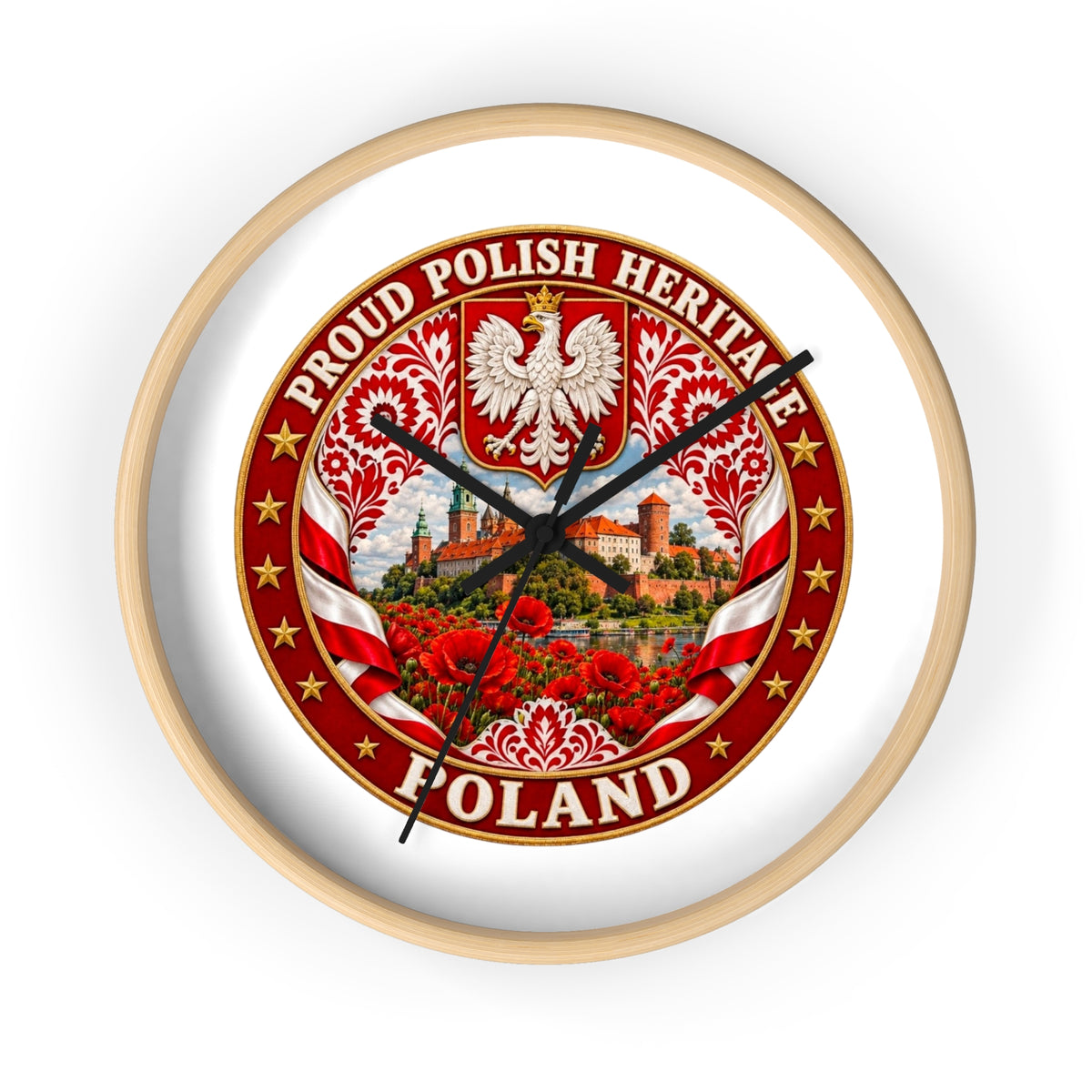 Poland Wall Clock — Proud Polish Heritage Design (Eagle, Castle & Poppies)