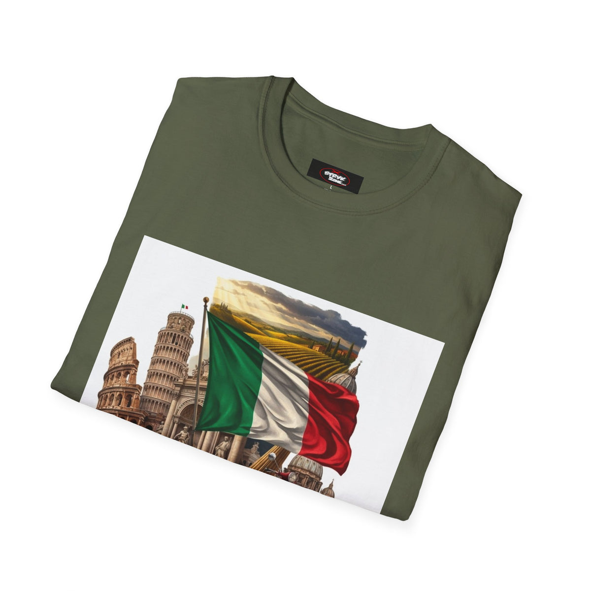 Italian Landmarks & Cuisine T-Shirt — Pizza, Colosseum & Flag Graphic