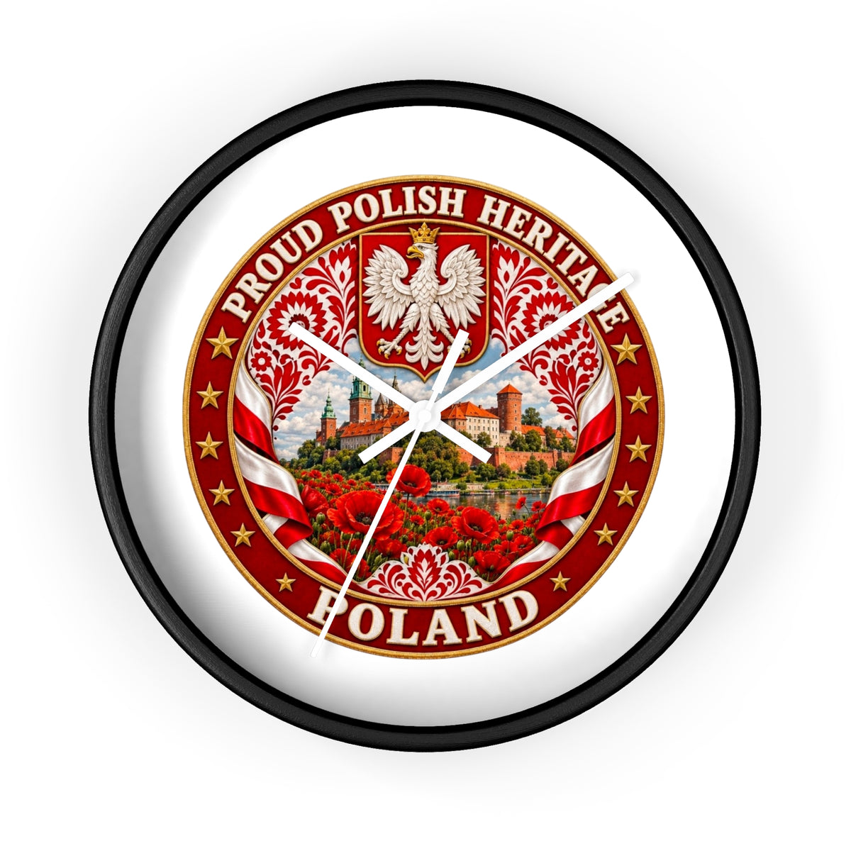 Poland Wall Clock — Proud Polish Heritage Design (Eagle, Castle & Poppies)