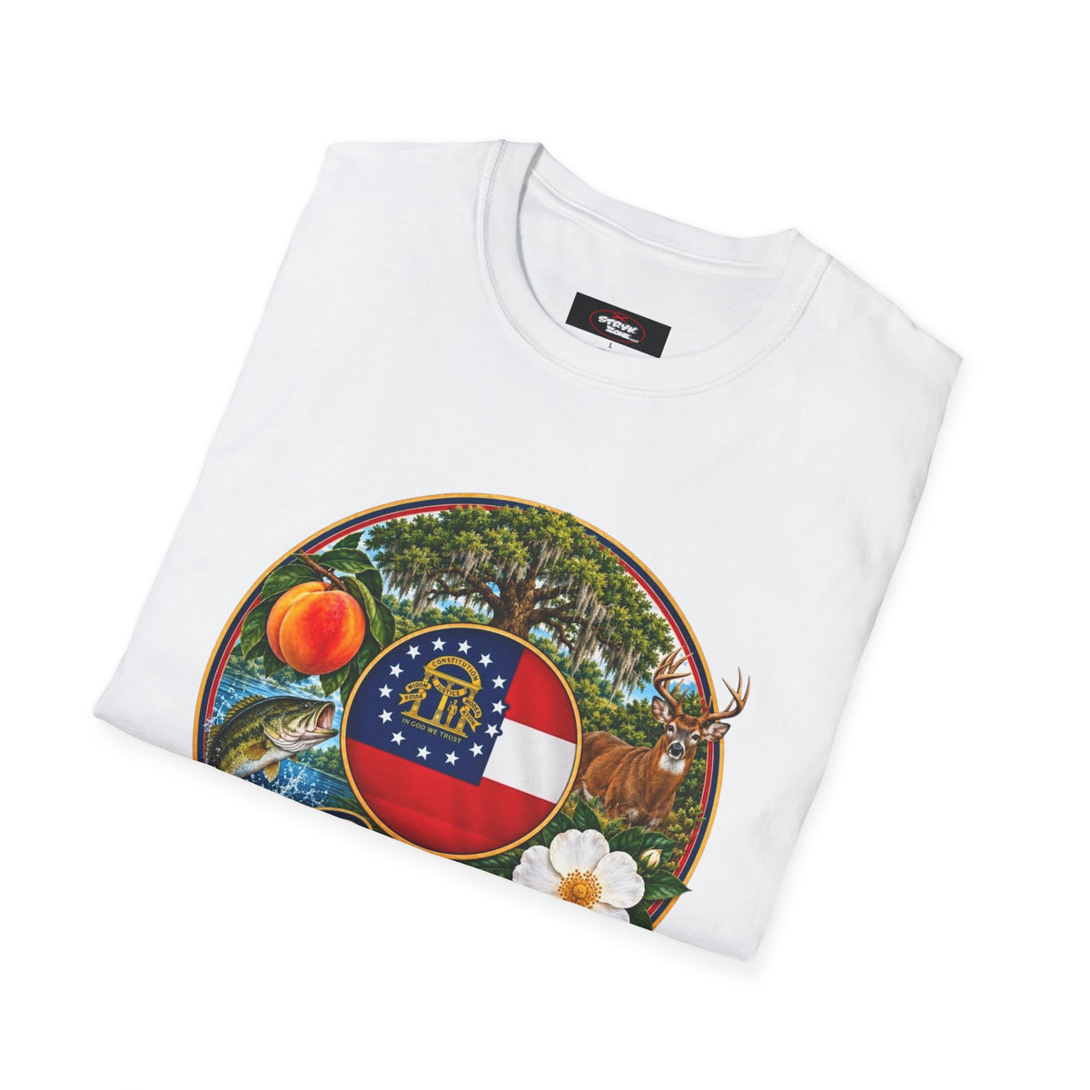 Georgia State Emblem T-Shirt – Peach, Magnolia & Flag Design