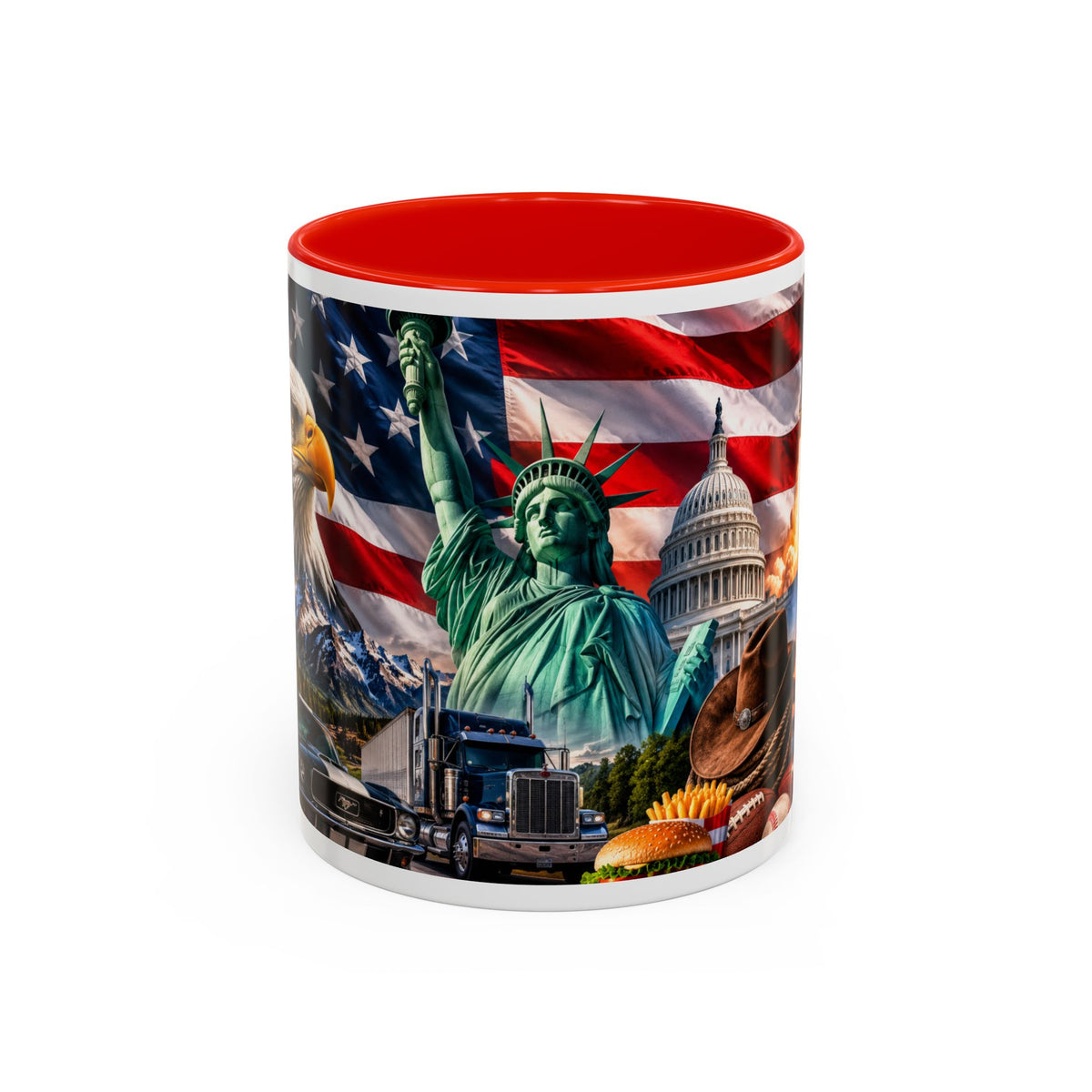 Patriotic USA Collage Mug — Statue of Liberty, Capitol & American Flag (Two-Tone)