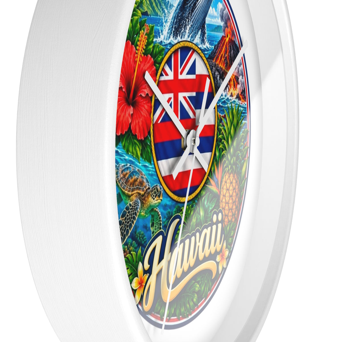 Hawaii Tropical Souvenir Wall Clock — Hawaiian Flag, Hibiscus, Pineapple & Whale Design