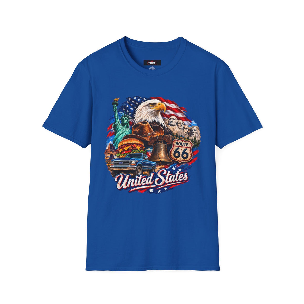 United States Patriotic T-Shirt — Bald Eagle, Statue of Liberty & Route 66 Design
