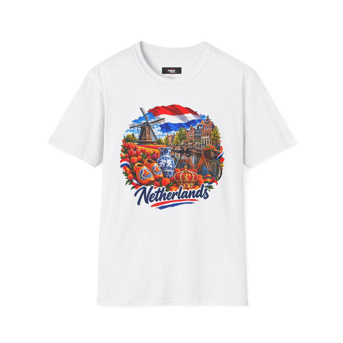 Netherlands Souvenir T-Shirt — Dutch Windmill, Tulips & Flag Design