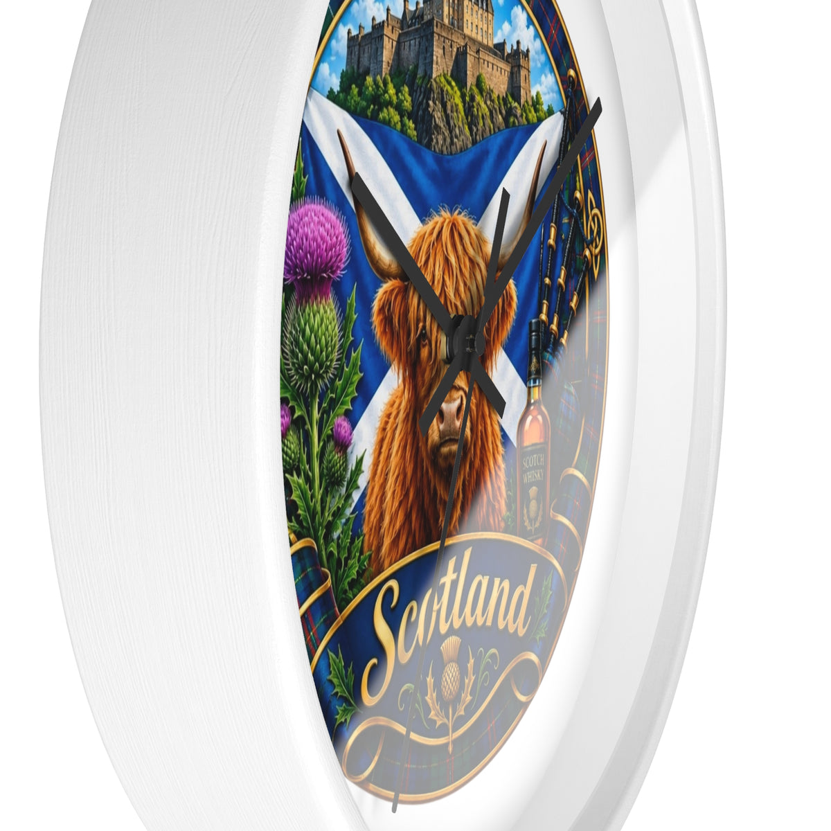 Scotland Highland Cow Wall Clock — Tartan Thistle Scottish Castle Home Decor