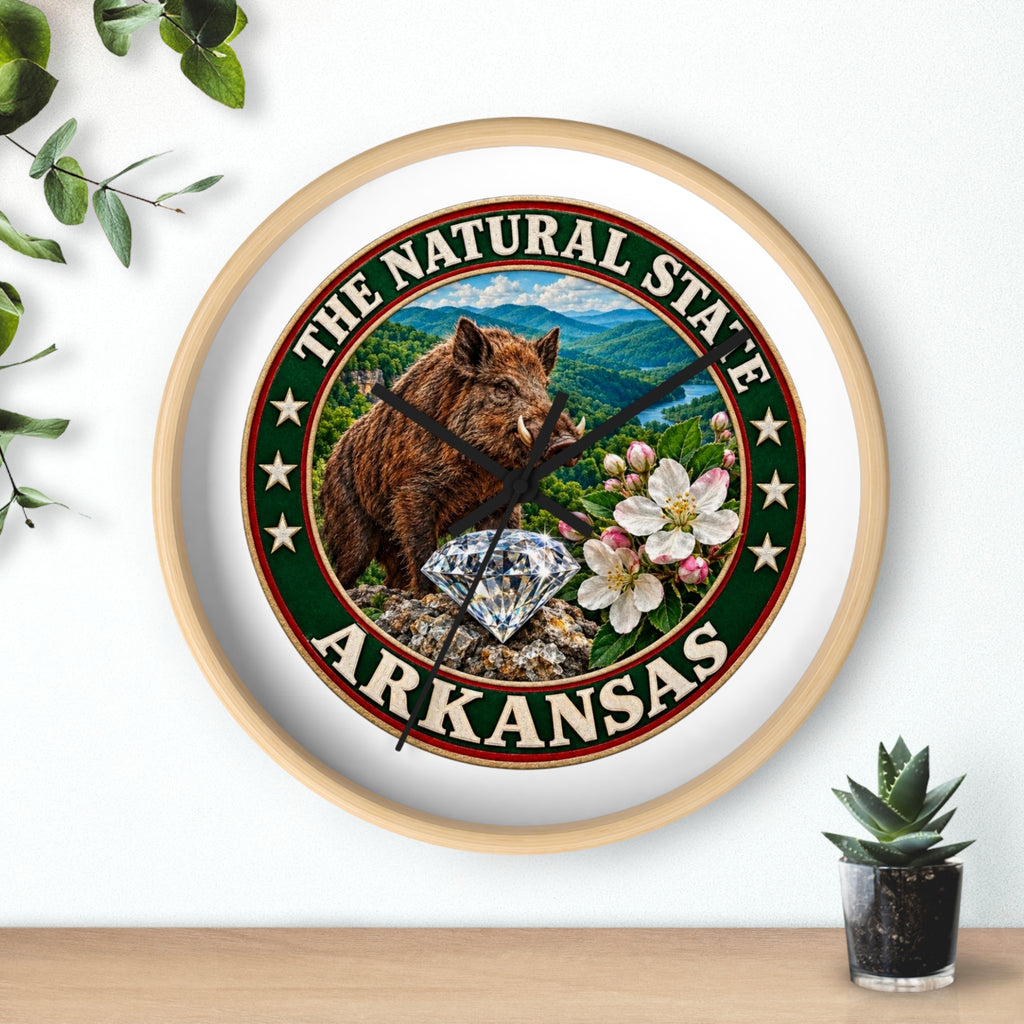 Arkansas State Seal Decorative Wall Clock — 'The Natural State' Bear, Diamond & Apple Blossom Design