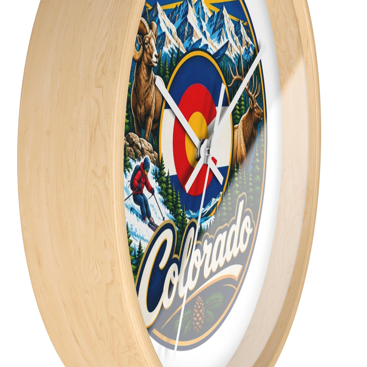 Colorado Mountain Scenic Wall Clock — Skiing, Elk & Bighorn Sheep Design