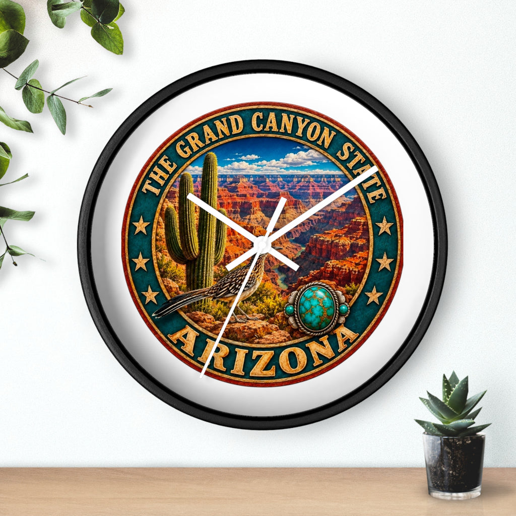 Arizona Grand Canyon State Wall Clock – Southwestern Cactus & Roadrunner Decor