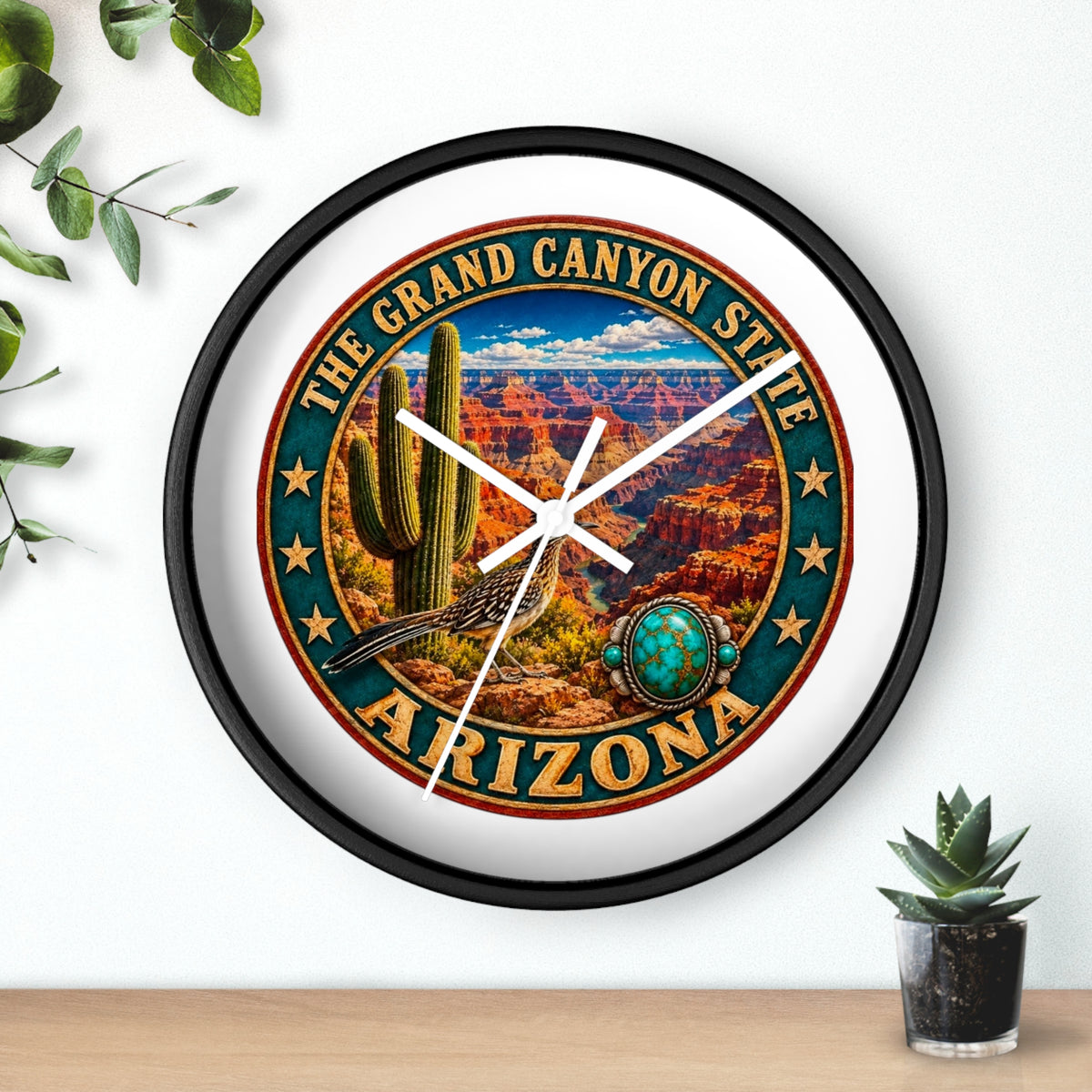 Arizona Grand Canyon State Wall Clock – Southwestern Cactus & Roadrunner Decor