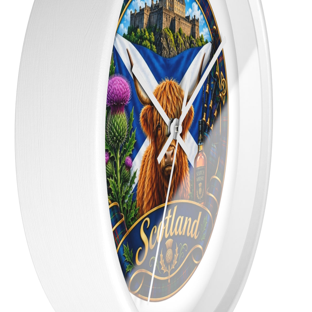 Scotland Highland Cow Wall Clock — Tartan Thistle Scottish Castle Home Decor