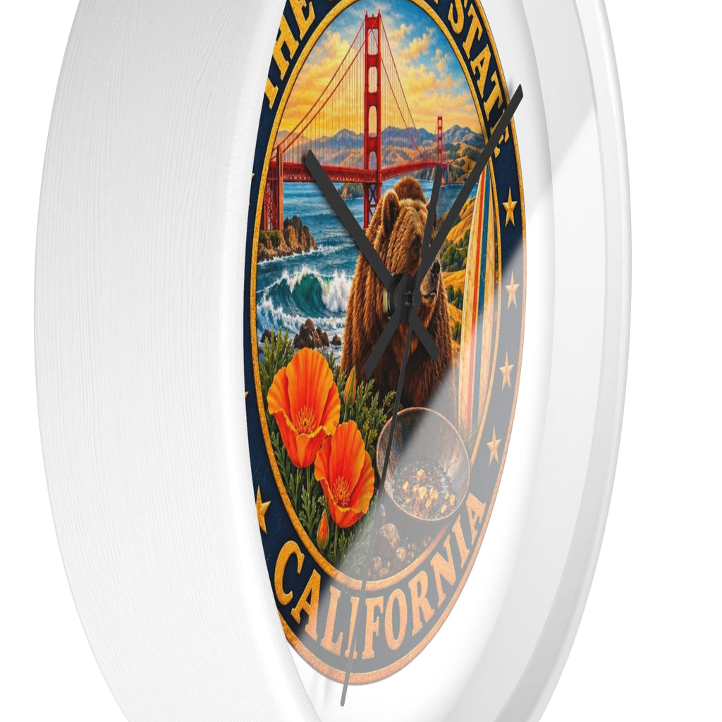 California Golden State Wall Clock — Golden Gate, Bear & Poppies Retro Travel Decor