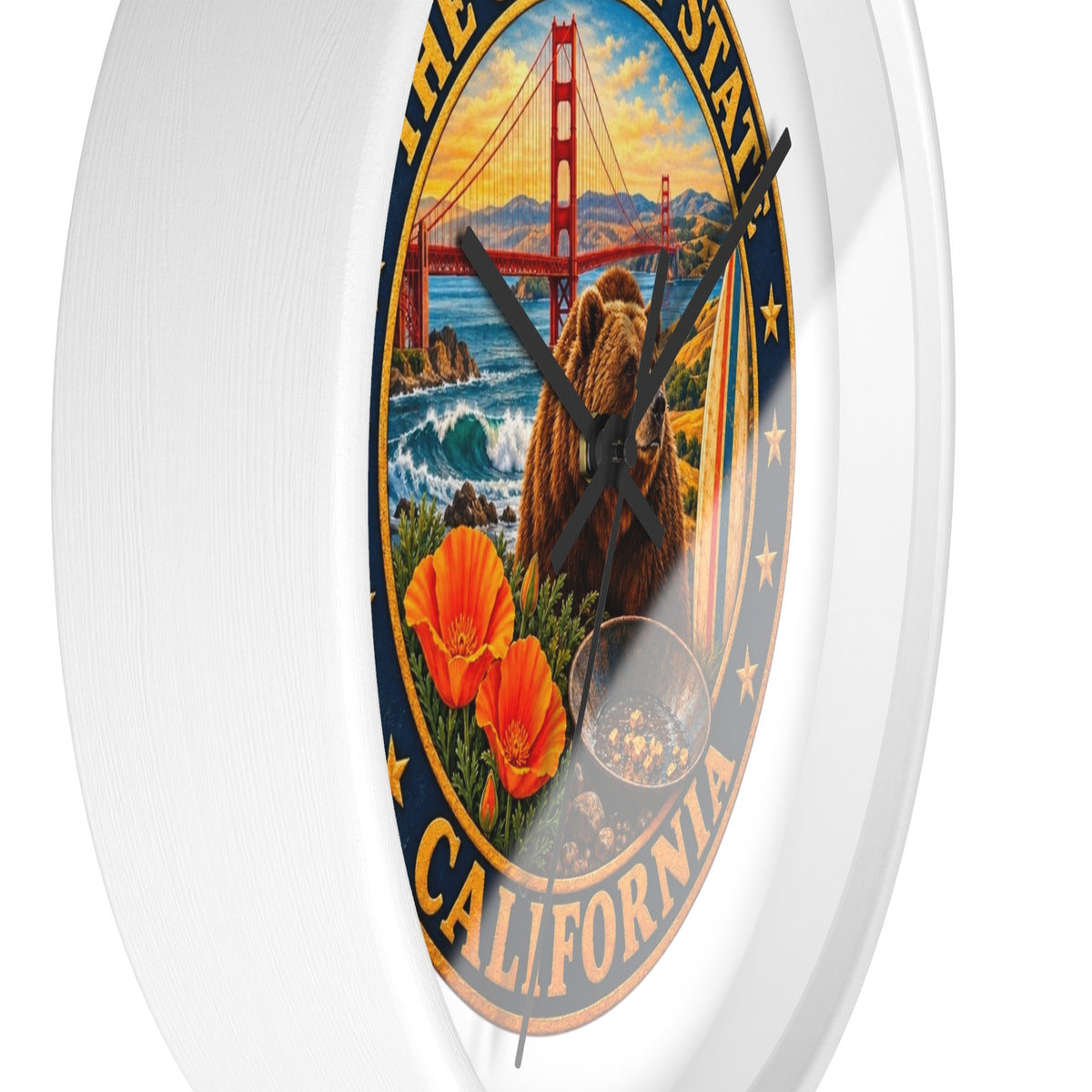 California Golden State Wall Clock — Golden Gate, Bear & Poppies Retro Travel Decor