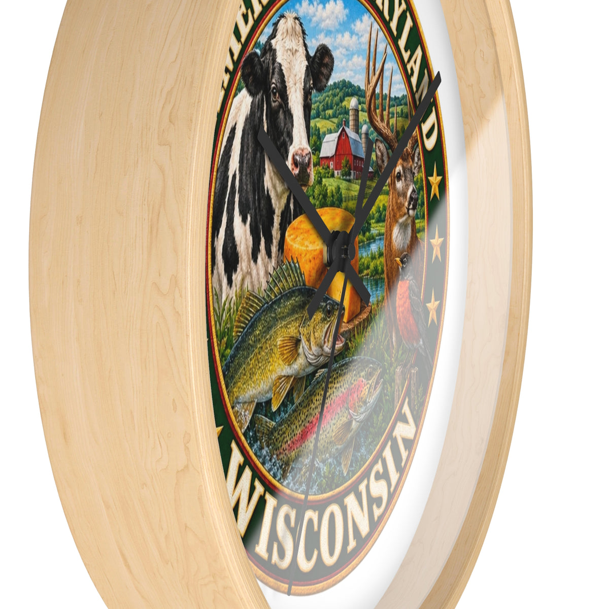 Wisconsin Wall Clock — "America's Dairyland" Rustic Farm & Wildlife Clock