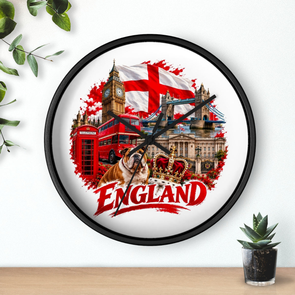 England Wall Clock – British Landmarks, Bulldog & St. George Flag Home Decor