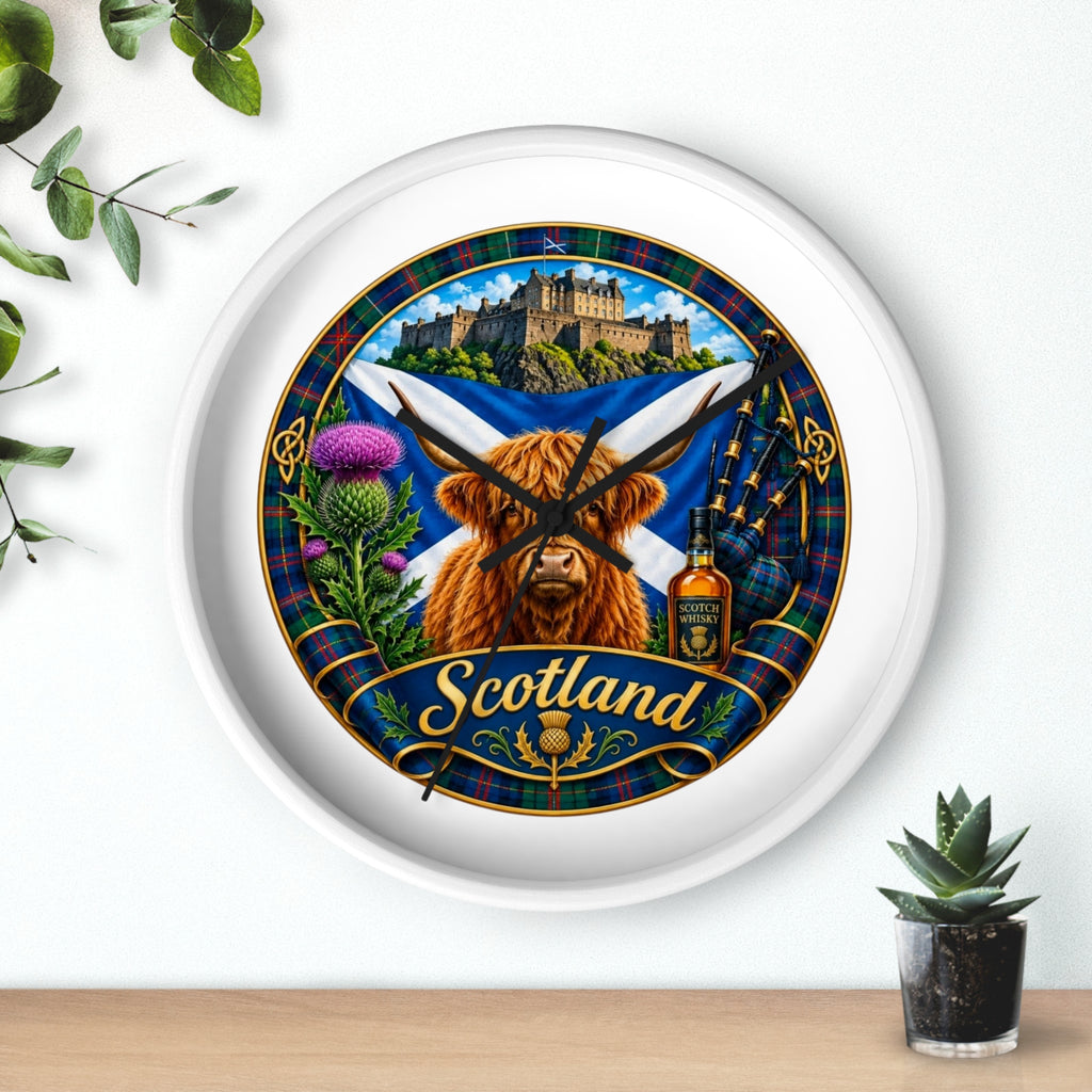Scotland Highland Cow Wall Clock — Tartan Thistle Scottish Castle Home Decor
