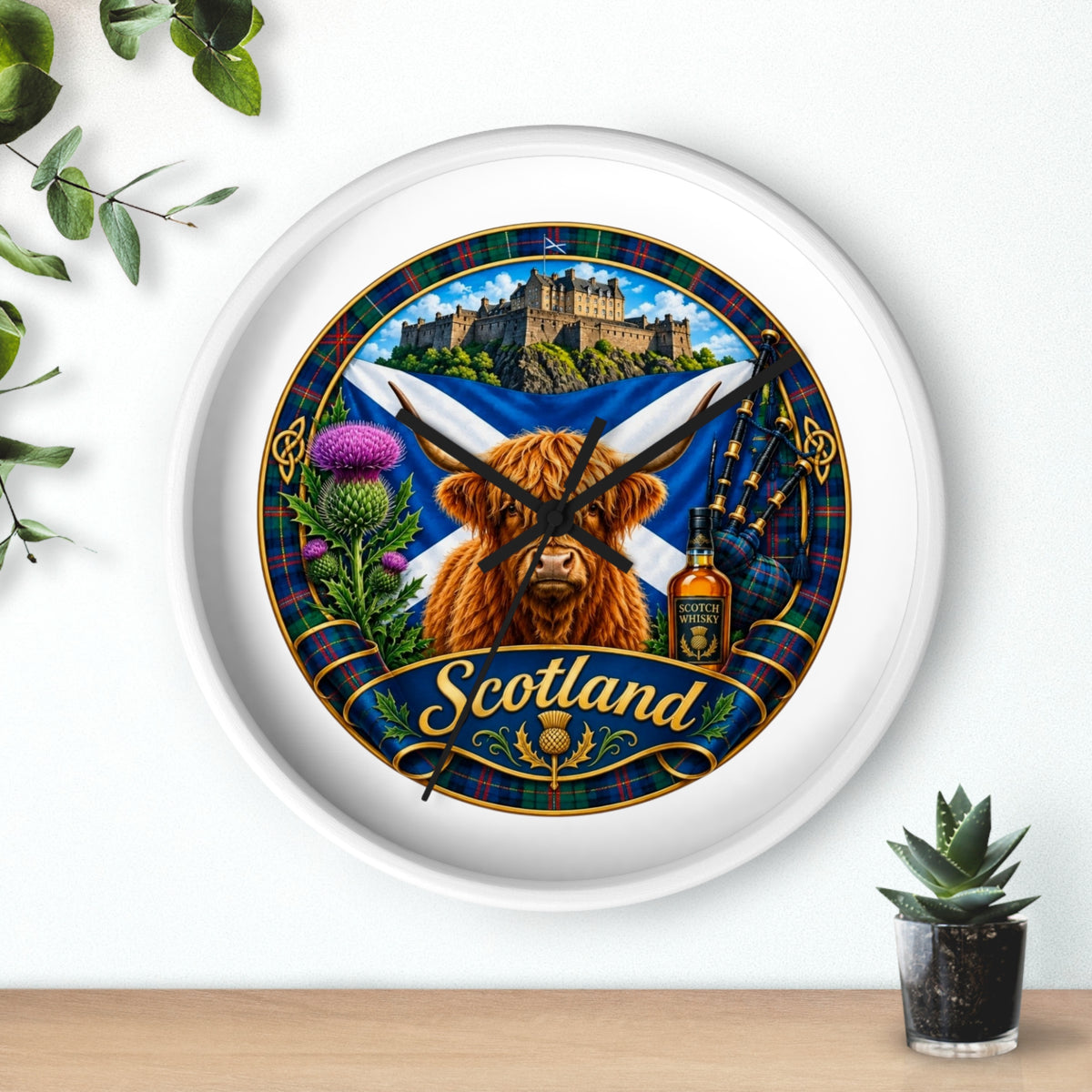 Scotland Highland Cow Wall Clock — Tartan Thistle Scottish Castle Home Decor