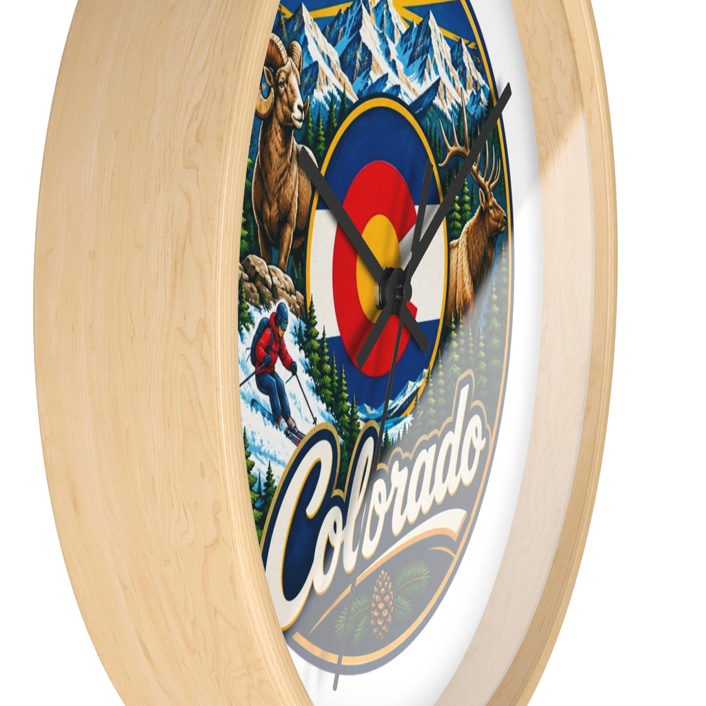 Colorado Mountain Scenic Wall Clock — Skiing, Elk & Bighorn Sheep Design