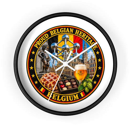 Belgium Heritage Wall Clock — Proud Belgian Icons (Atomium, Manneken Pis, Waffle, Beer)