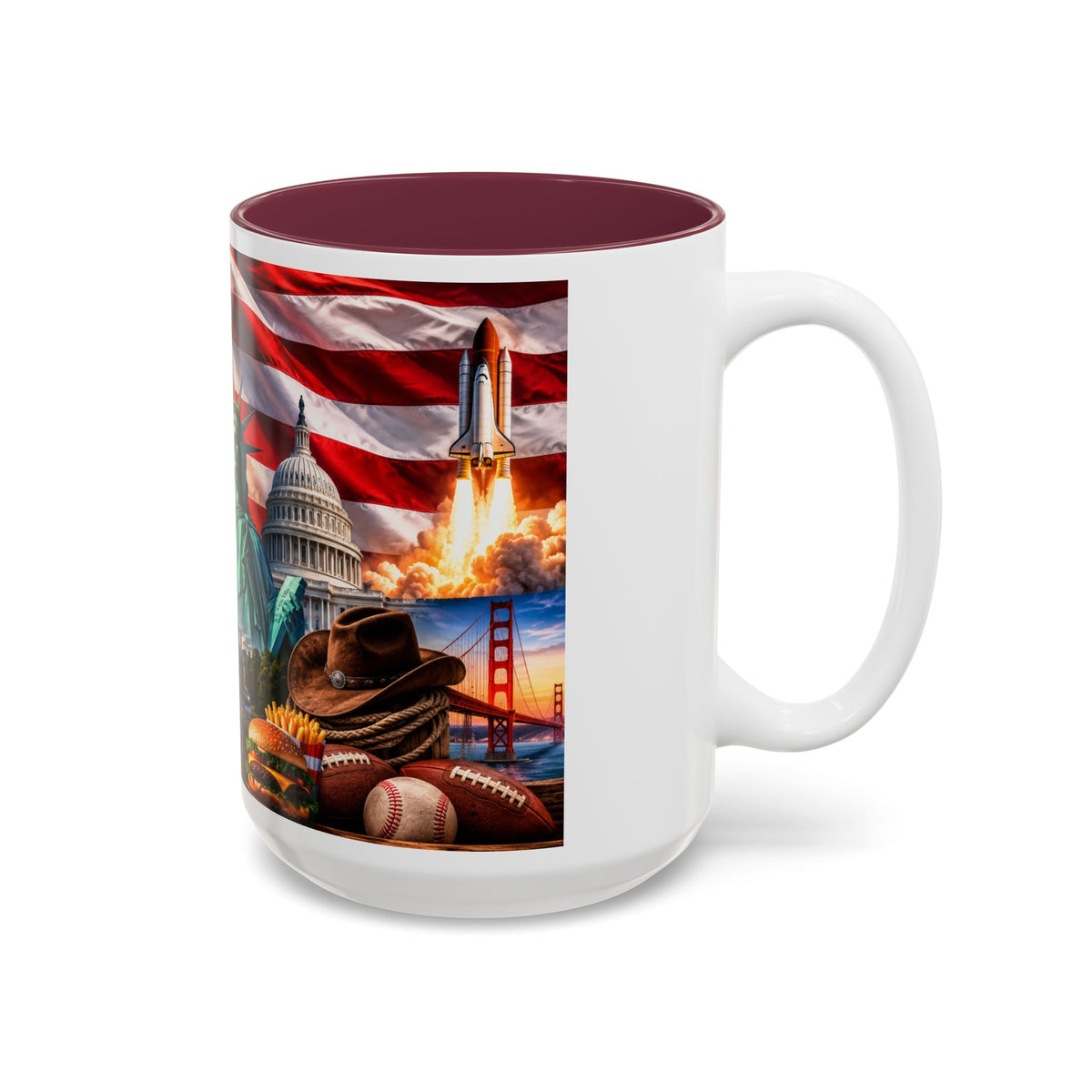 Patriotic USA Collage Mug — Statue of Liberty, Capitol & American Flag (Two-Tone)