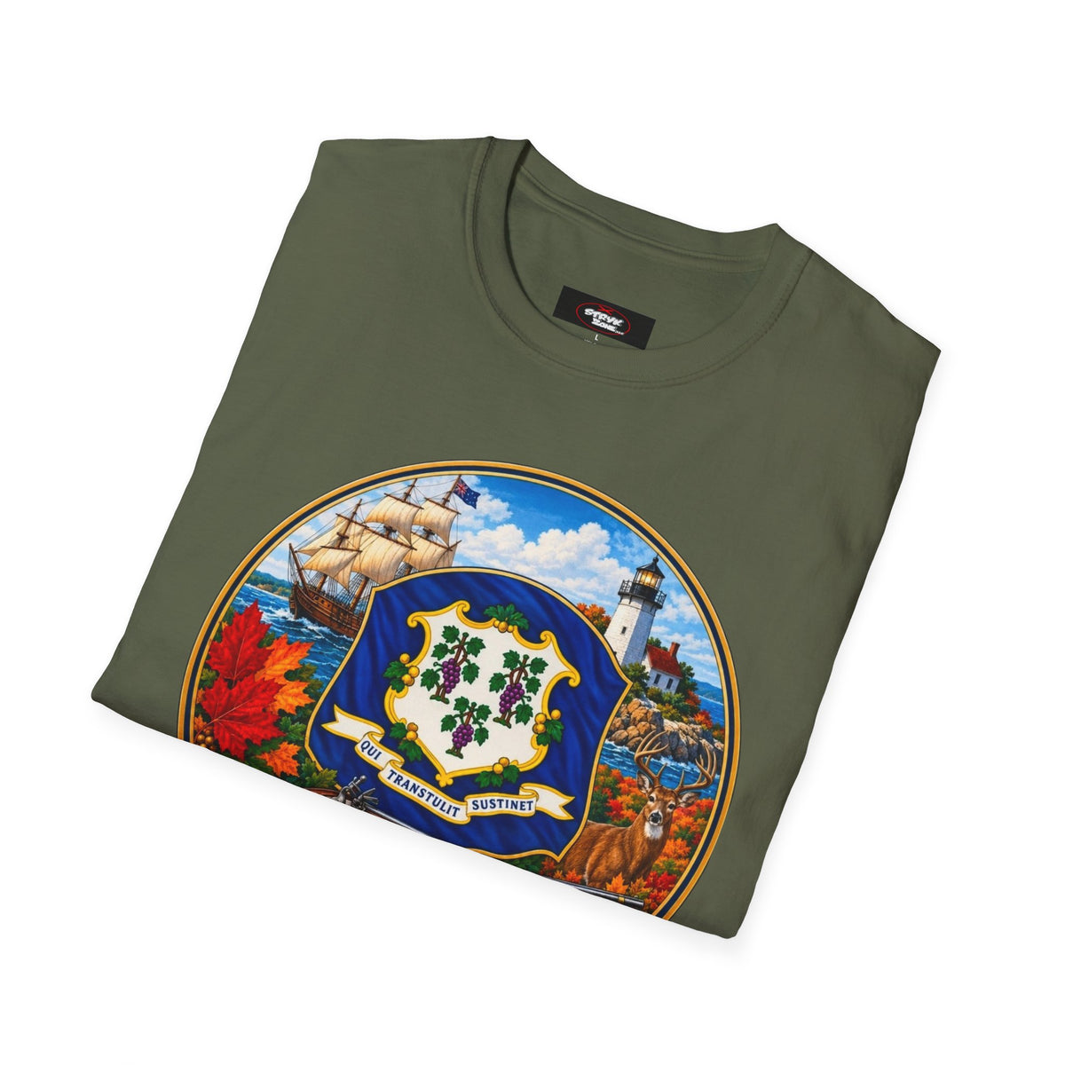 Connecticut Retro State Seal T-Shirt — Vintage Lighthouse & Ship Design