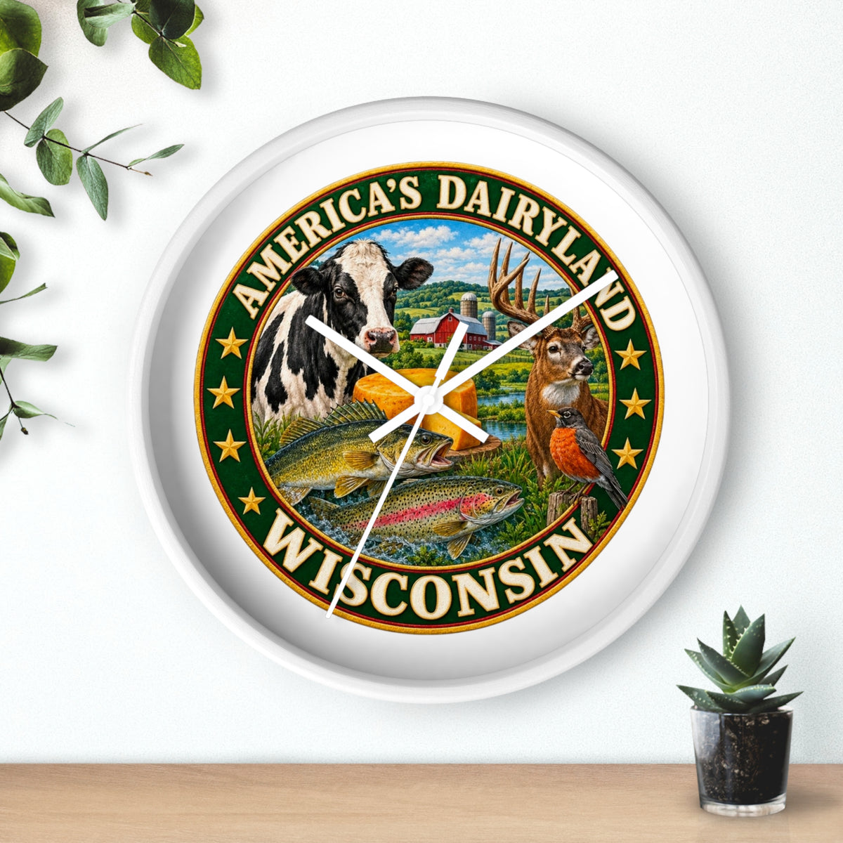 Wisconsin Wall Clock — "America's Dairyland" Rustic Farm & Wildlife Clock