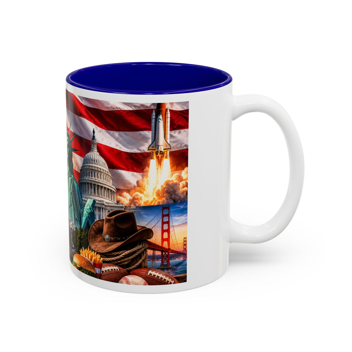 Patriotic USA Collage Mug — Statue of Liberty, Capitol & American Flag (Two-Tone)