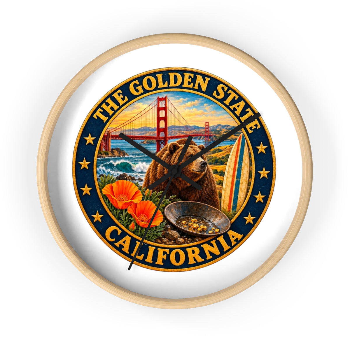 California Golden State Wall Clock — Golden Gate, Bear & Poppies Retro Travel Decor