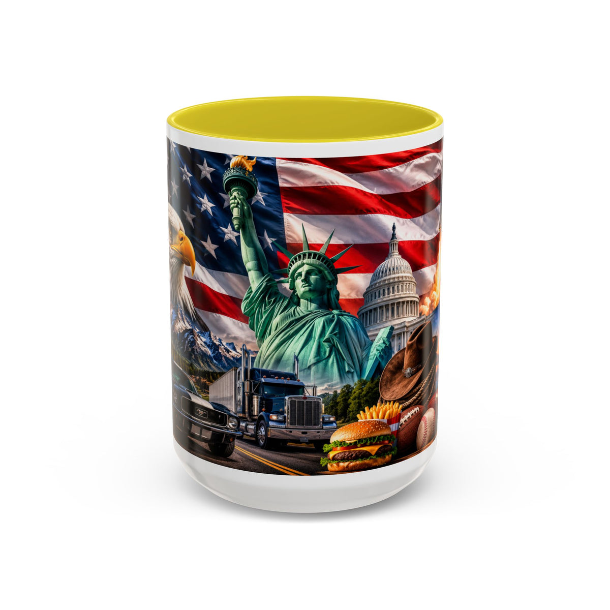Patriotic USA Collage Mug — Statue of Liberty, Capitol & American Flag (Two-Tone)