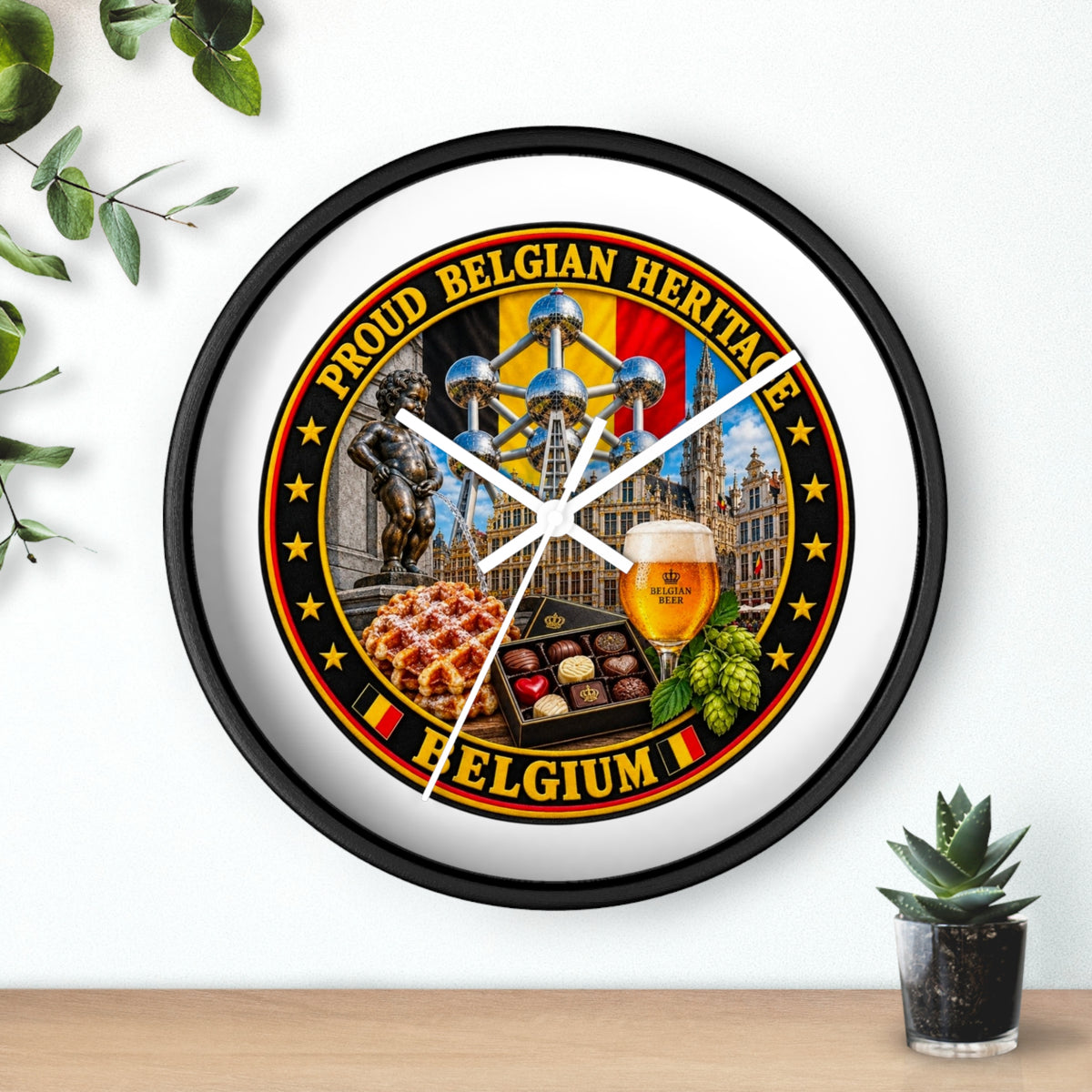 Belgium Heritage Wall Clock — Proud Belgian Icons (Atomium, Manneken Pis, Waffle, Beer)