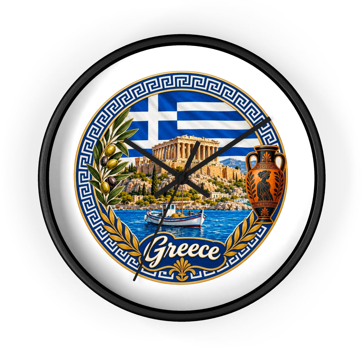 Greece Decorative Wall Clock — Parthenon, Olive Branch & Greek Flag Design