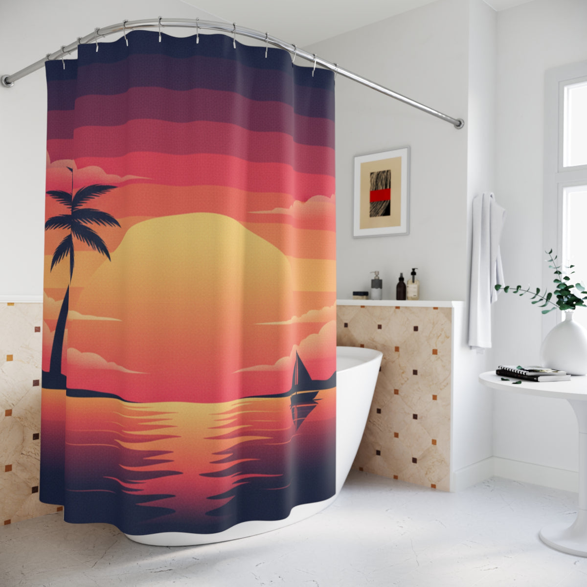 Sunset Beach Shower Curtain — Vibrant Golden Sunset Bathroom Decor