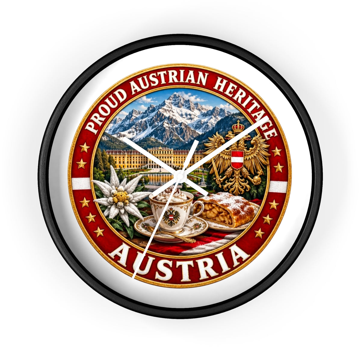 Austria Heritage Wall Clock — Proud Austrian Mountains & Coffee Scene