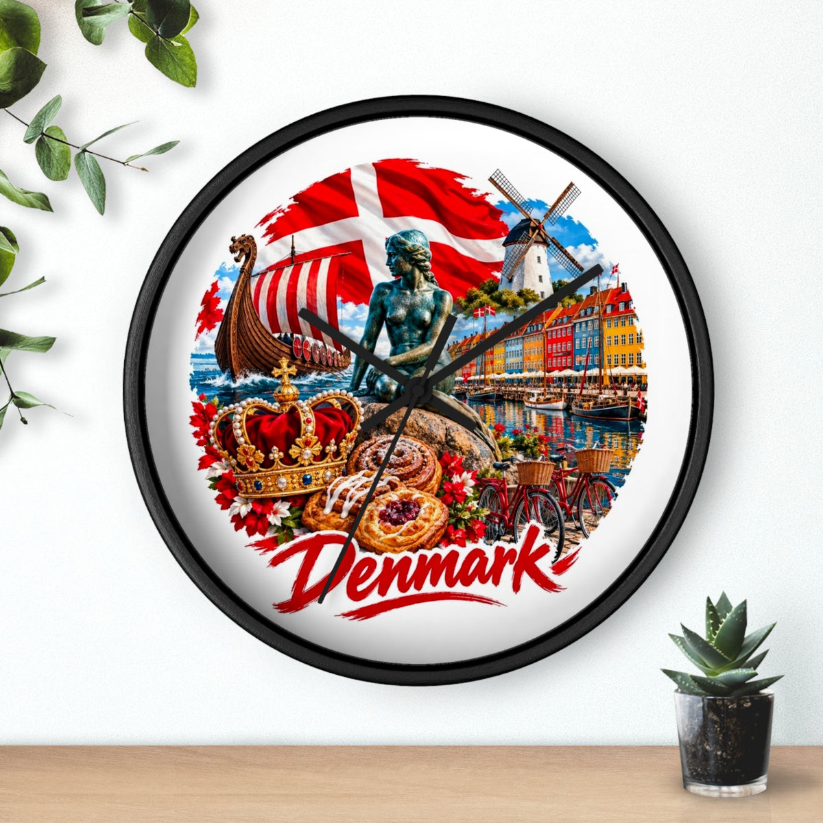Denmark Wall Clock — Copenhagen Icons: Little Mermaid, Nyhavn, Viking Longship & Danish Pastries