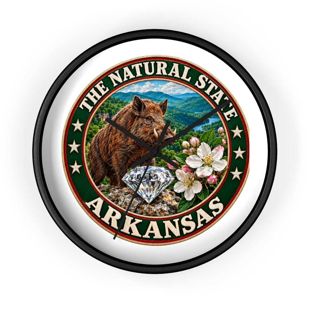 Arkansas State Seal Decorative Wall Clock — 'The Natural State' Bear, Diamond & Apple Blossom Design