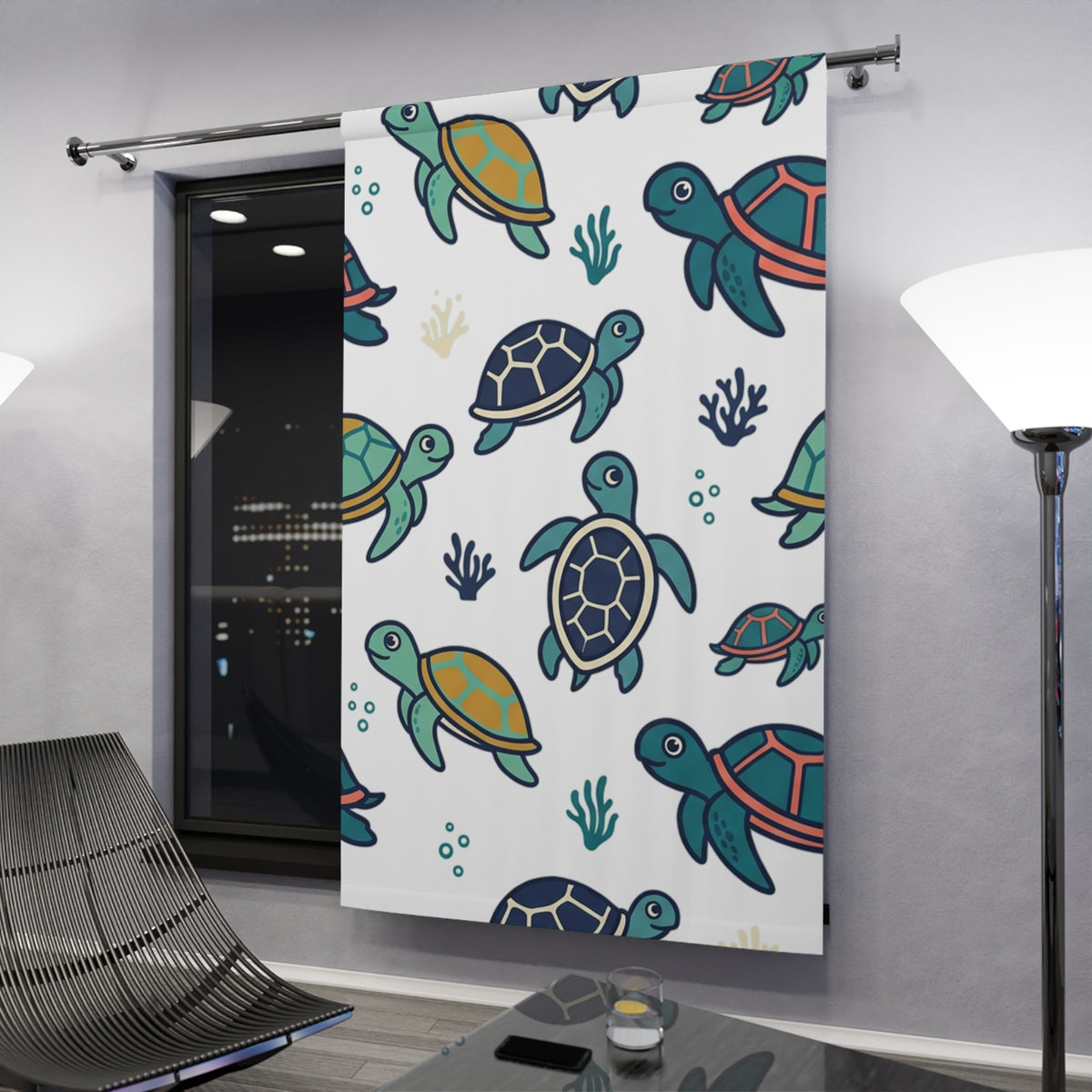 Sea Turtle Window Curtain — Cute Nautical Kids Curtain, Marine Turtle Pattern Drapery for Nursery or Beach-Themed Room