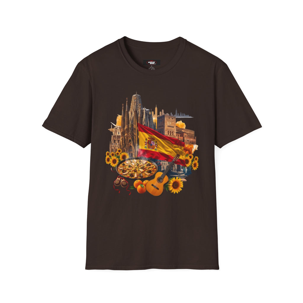 Spain Travel Collage T-Shirt — Paella, Guitar & Spanish Flag Graphic Tee